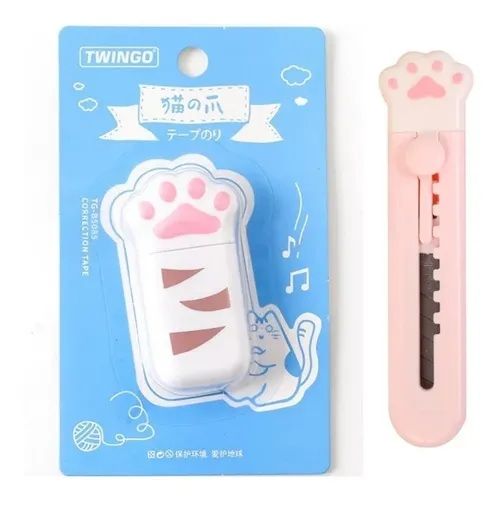 Kit Corretivo Fita Marrom 6m E Mini Estilete Patinha Kawaii