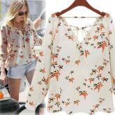 Camisa/ Blusa Feminina Chiffon Pássaros Cor Creme R$90,00