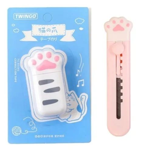 Kit Corretivo Fita Cinza 6m E Mini Estilete Patinha Kawaii