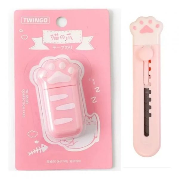 Kit Corretivo Em Fita 6m E Mini Estilete Patinha Kawaii Rosa